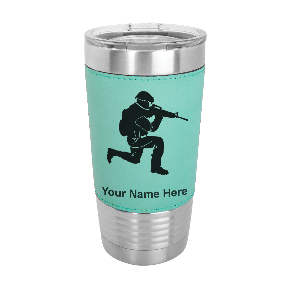 20oz Faux Leather Tumbler Mug, Military Soldier, Personalized Engraving Included - LaserGram Custom Engraved Gifts
