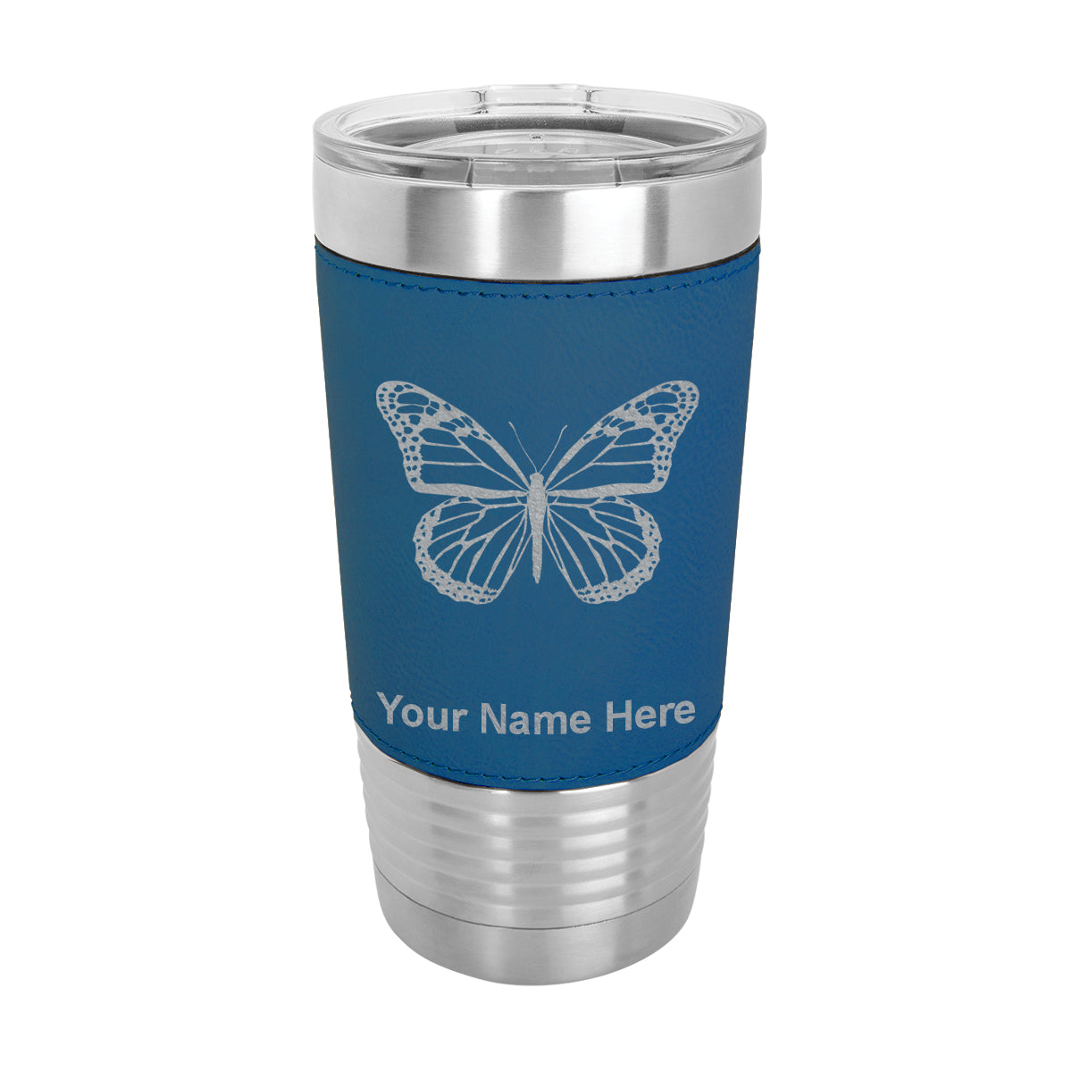 20oz Faux Leather Tumbler Mug, Monarch Butterfly, Personalized Engraving Included - LaserGram Custom Engraved Gifts