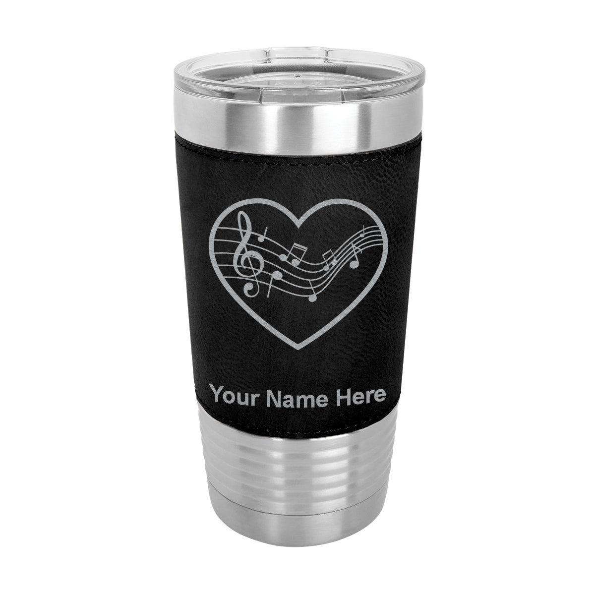 20oz Faux Leather Tumbler Mug, Music Staff Heart, Personalized Engraving Included - LaserGram Custom Engraved Gifts
