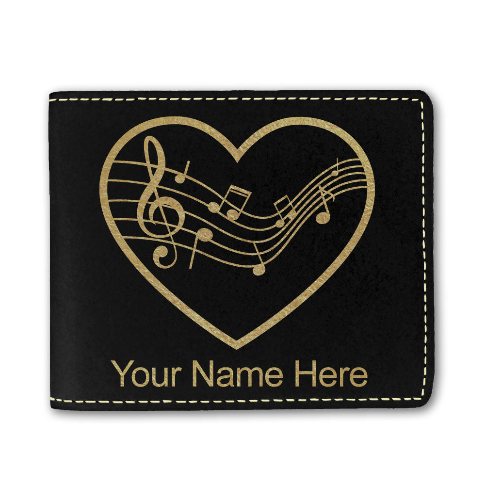 Faux Leather Bi-Fold Wallet, Music Staff Heart, Personalized Engraving Included
