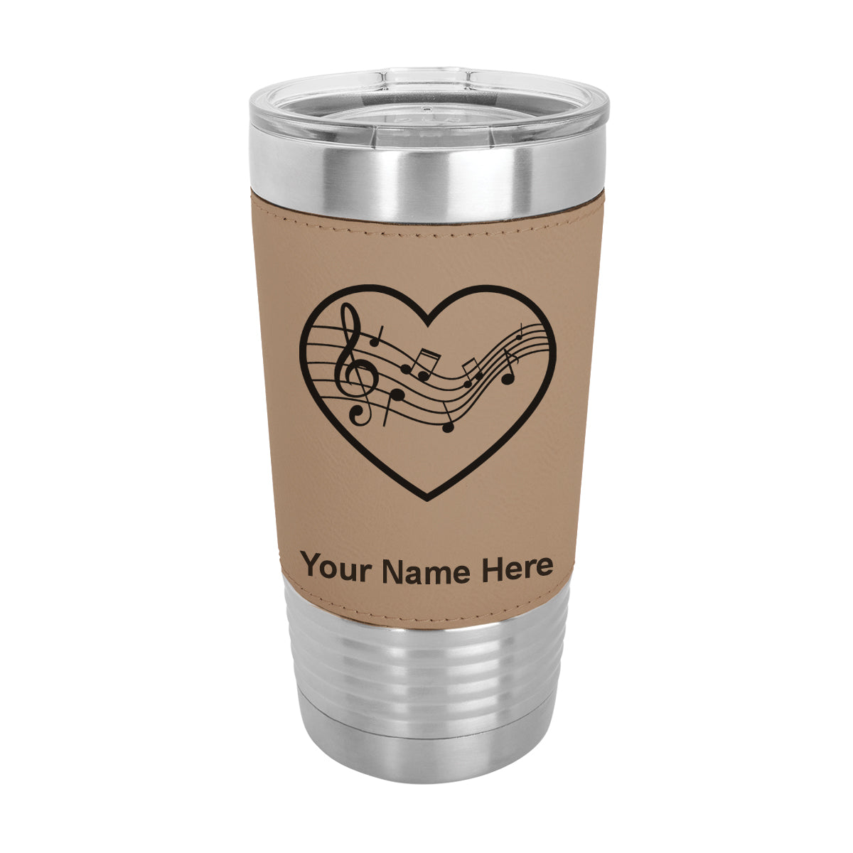 20oz Faux Leather Tumbler Mug, Music Staff Heart, Personalized Engraving Included - LaserGram Custom Engraved Gifts