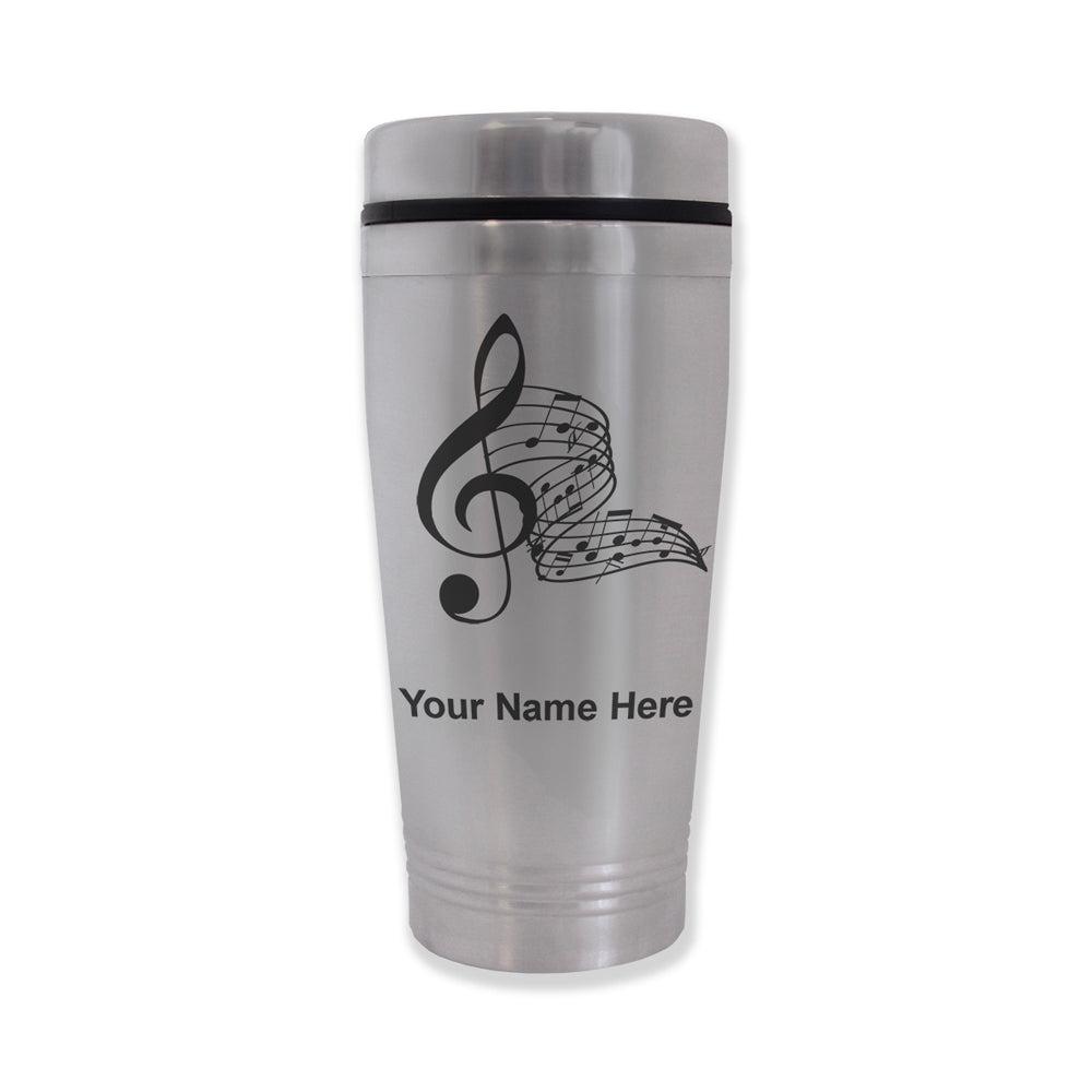Commuter Travel Mug, Musical Notes, Personalized Engraving Included
