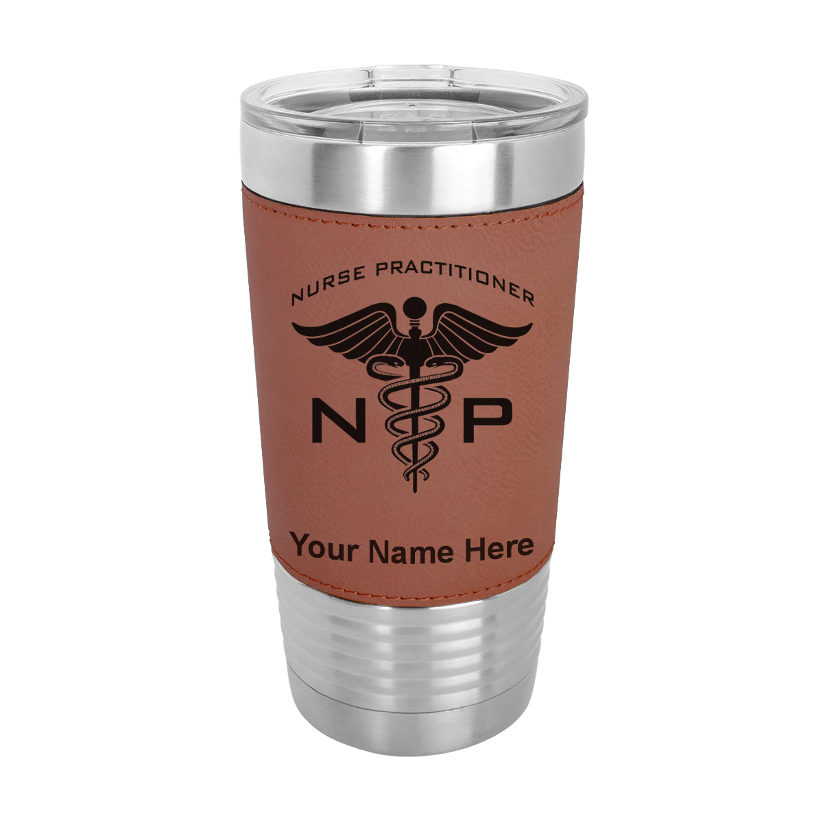 20oz Faux Leather Tumbler Mug, NP Nurse Practitioner, Personalized Engraving Included - LaserGram Custom Engraved Gifts