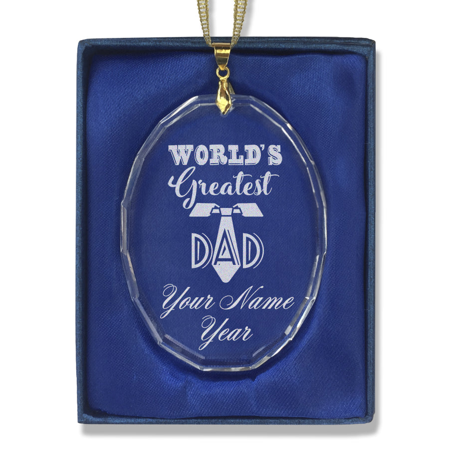 LaserGram Christmas Ornament, World's Greatest Dad, Personalized Engraving Included (Oval Shape)