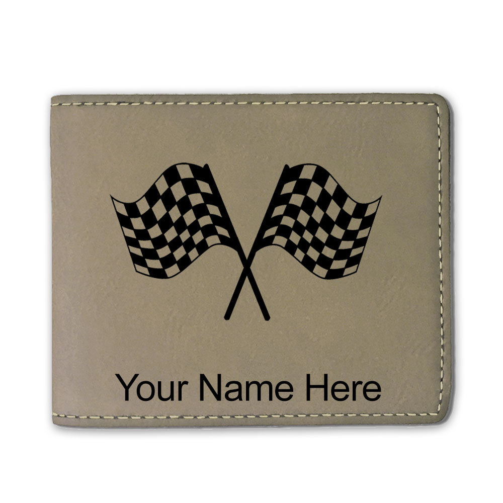 Faux Leather Bi-Fold Wallet, Racing Flags, Personalized Engraving Included