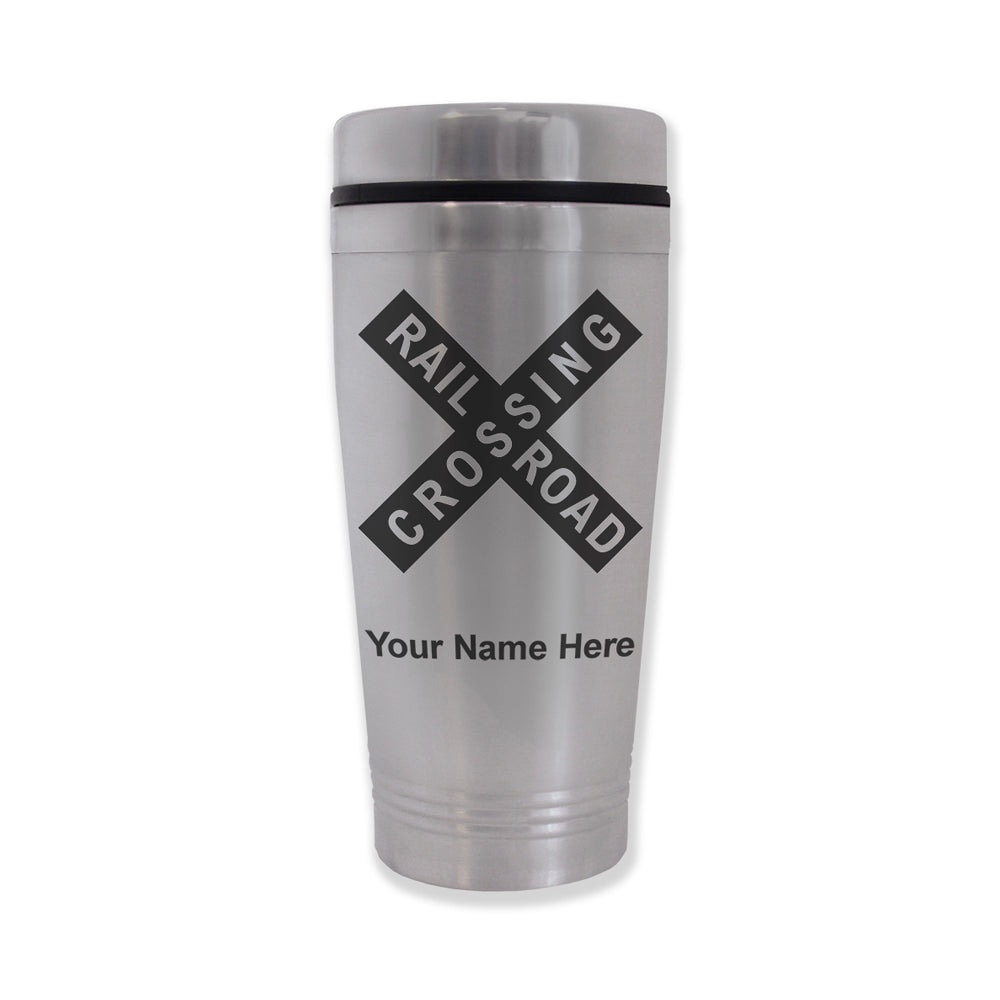 Commuter Travel Mug, Railroad Crossing Sign 1, Personalized Engraving Included
