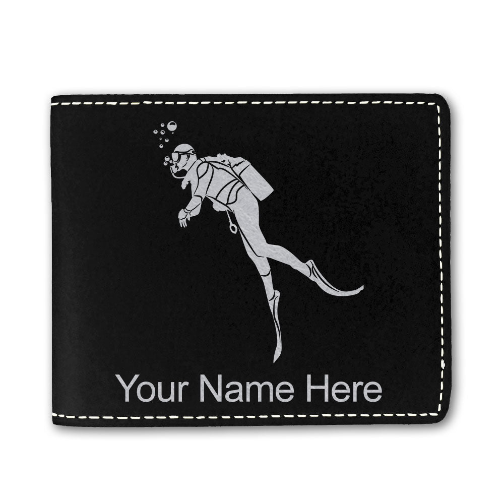 Faux Leather Bi-Fold Wallet, Scuba Diver, Personalized Engraving Included