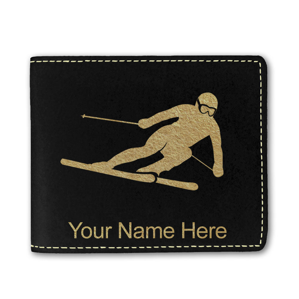 Faux Leather Bi-Fold Wallet, Skier Downhill, Personalized Engraving Included