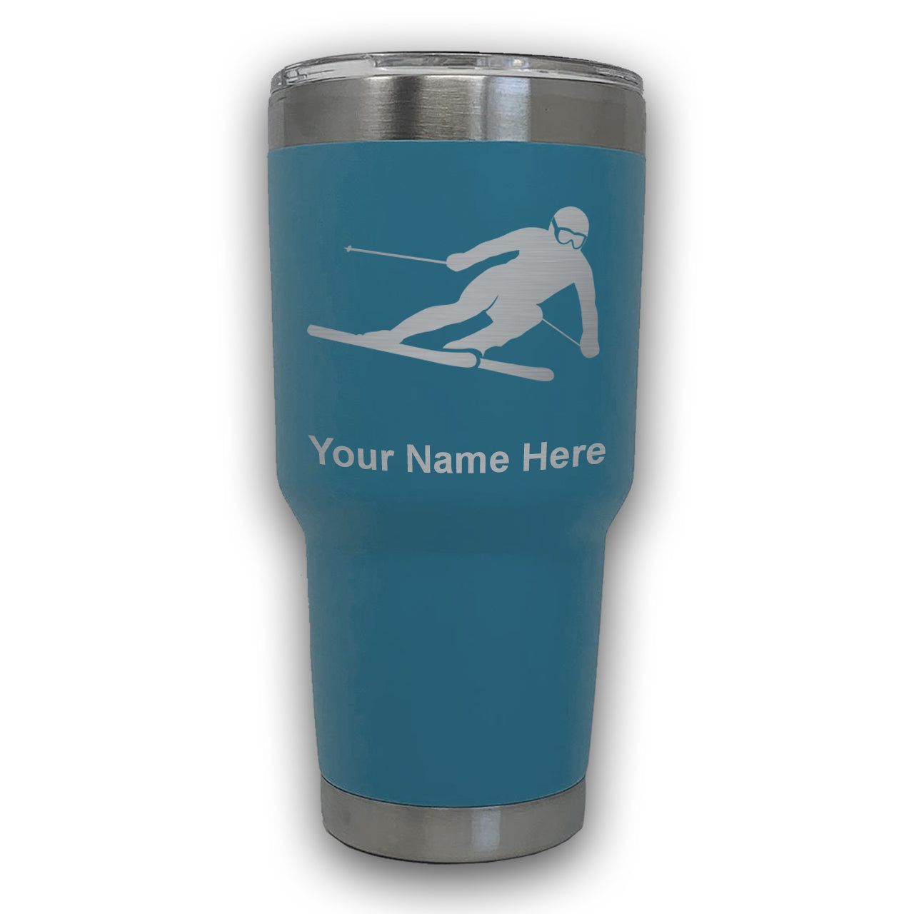 LaserGram 30oz Tumbler Mug, Skier Downhill, Personalized Engraving Included