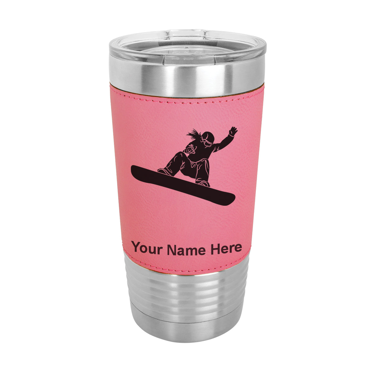 20oz Faux Leather Tumbler Mug, Snowboarder Woman, Personalized Engraving Included - LaserGram Custom Engraved Gifts