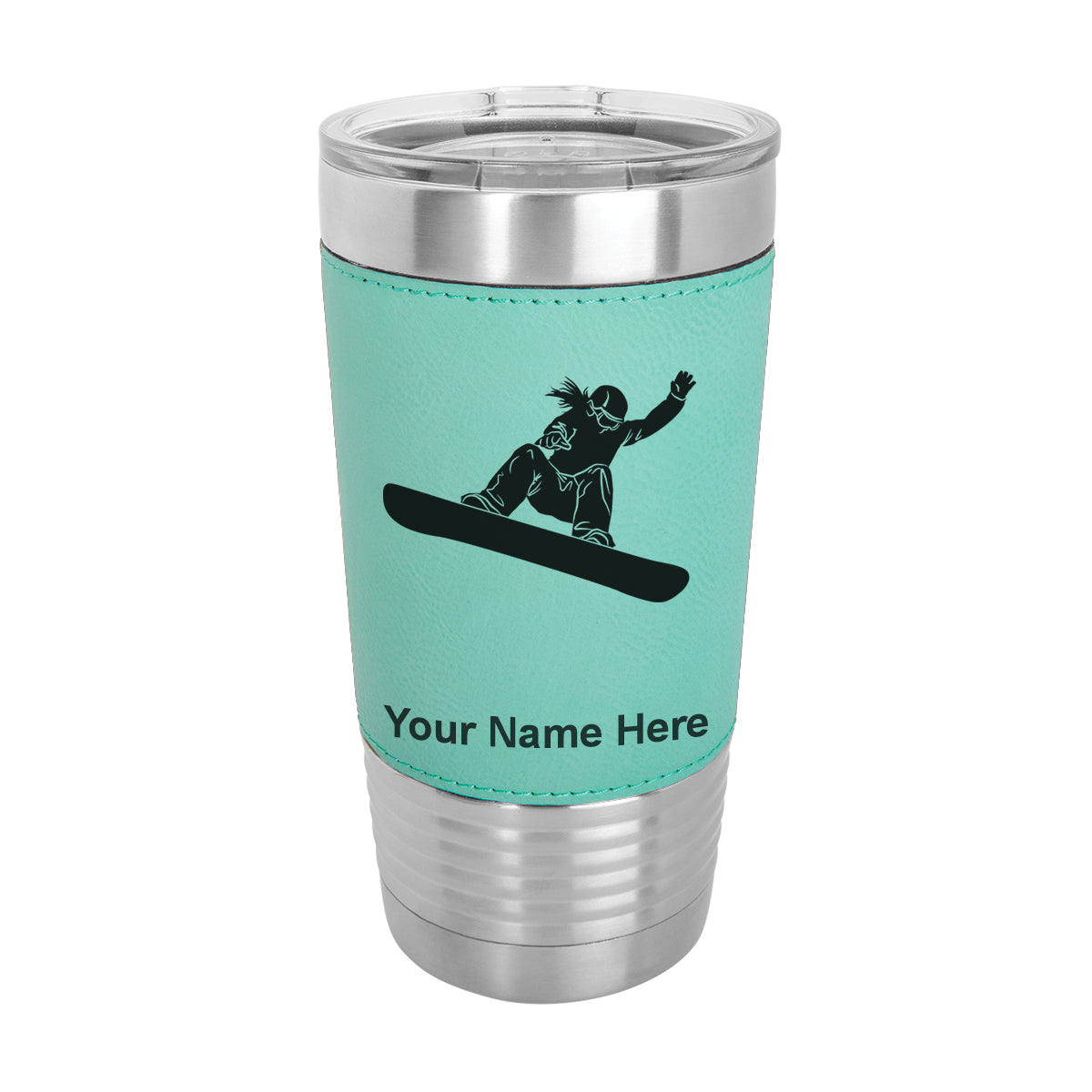 20oz Faux Leather Tumbler Mug, Snowboarder Woman, Personalized Engraving Included - LaserGram Custom Engraved Gifts