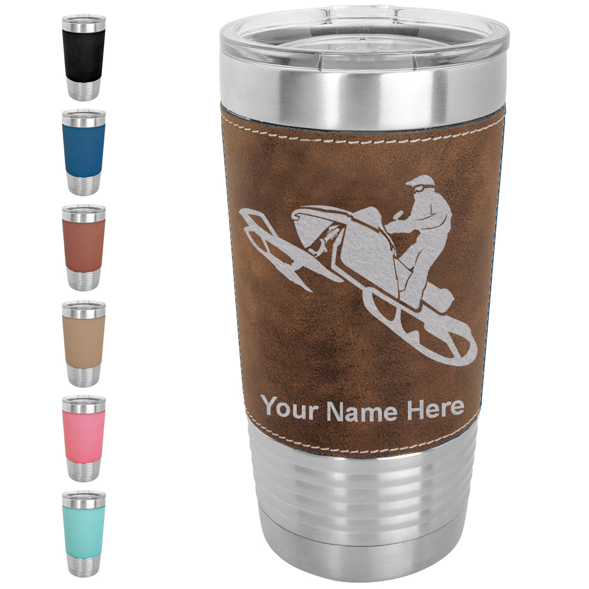 20oz Faux Leather Tumbler Mug, Snowmobile, Personalized Engraving Included - LaserGram Custom Engraved Gifts
