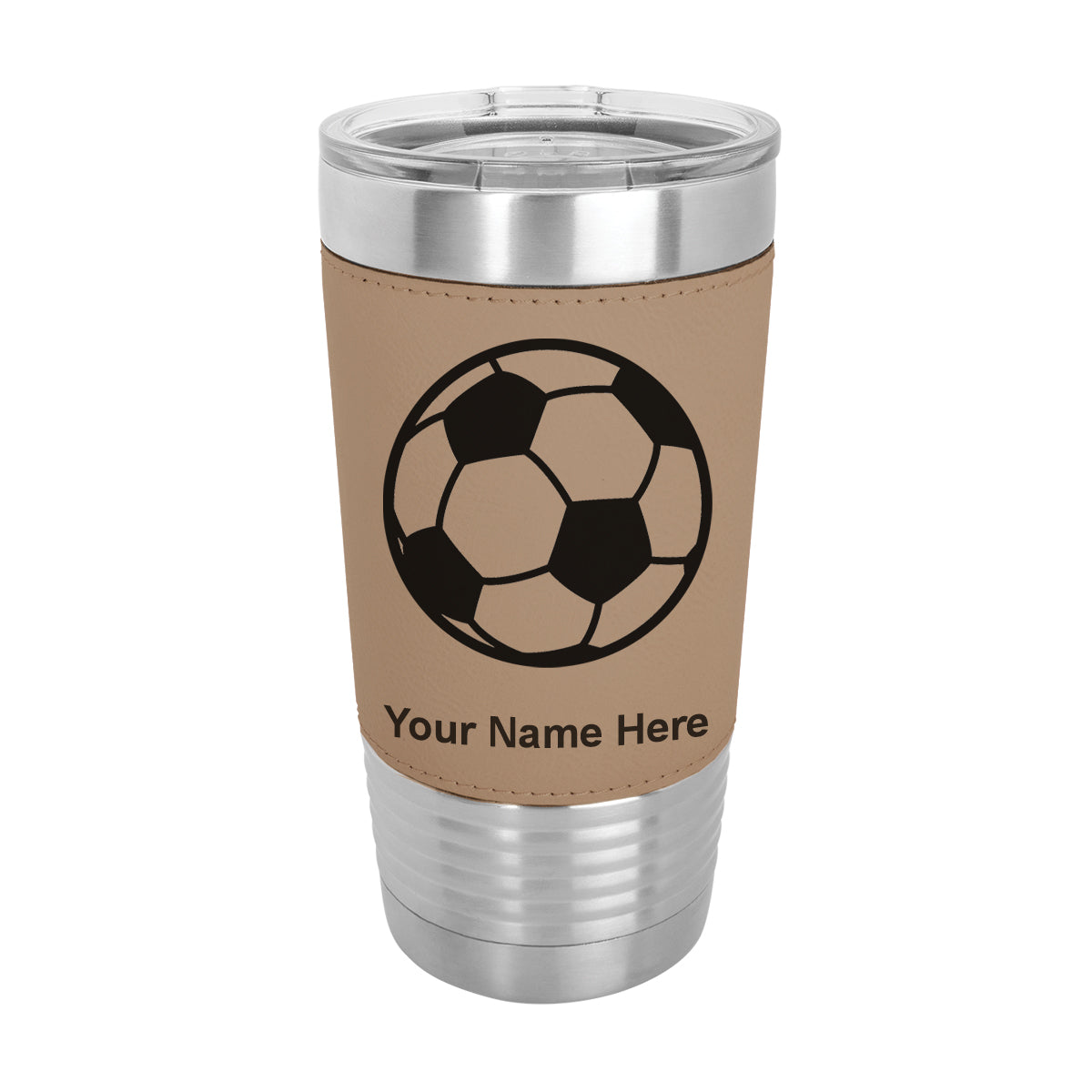 20oz Faux Leather Tumbler Mug, Soccer Ball, Personalized Engraving Included - LaserGram Custom Engraved Gifts