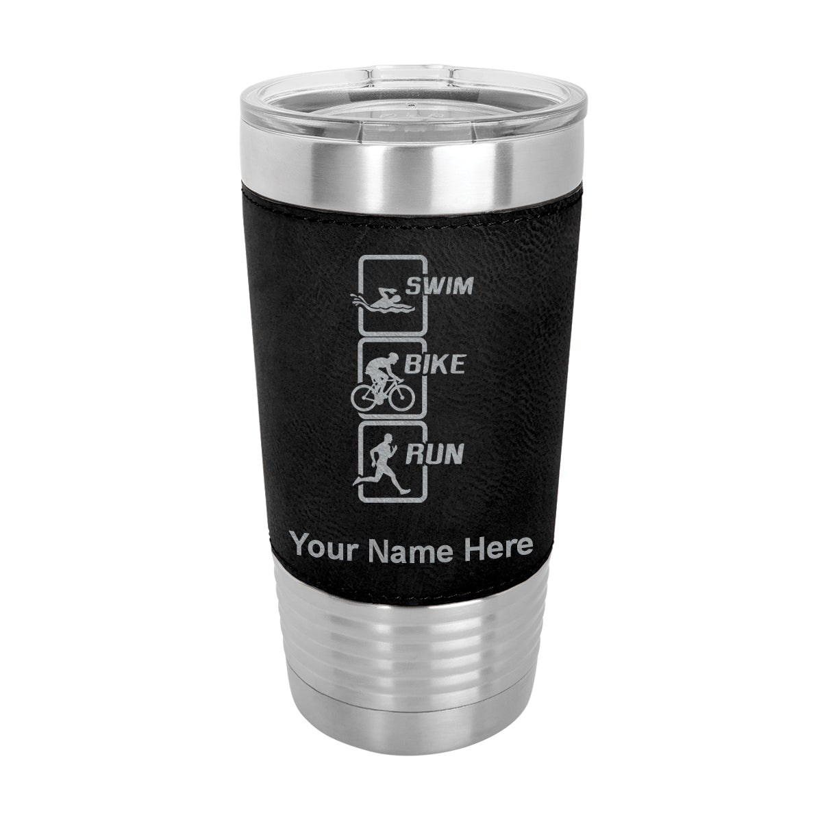 20oz Faux Leather Tumbler Mug, Swim Bike Run Vertical, Personalized Engraving Included