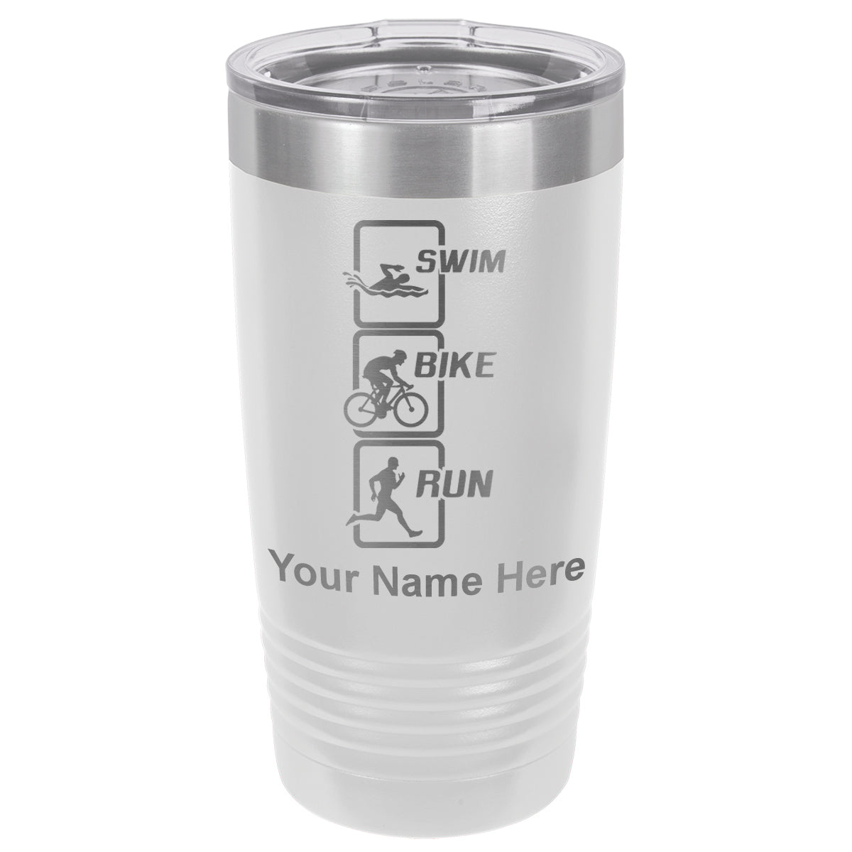 20oz Vacuum Insulated Tumbler Mug, Swim Bike Run Vertical, Personalized Engraving Included