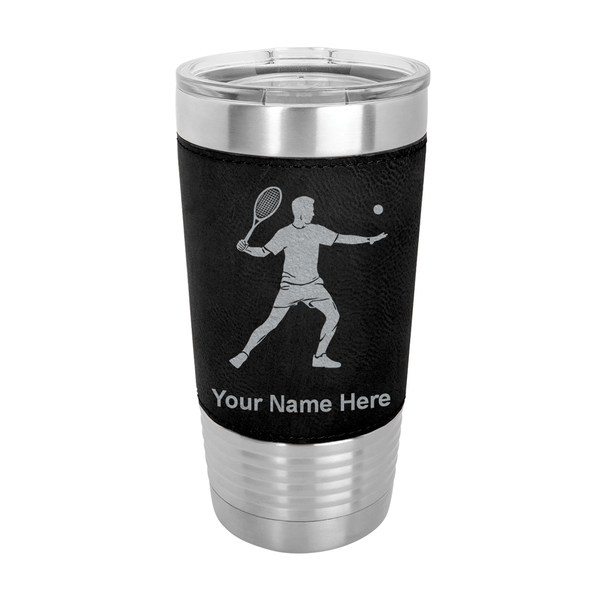 20oz Faux Leather Tumbler Mug, Tennis Player Man, Personalized Engraving Included
