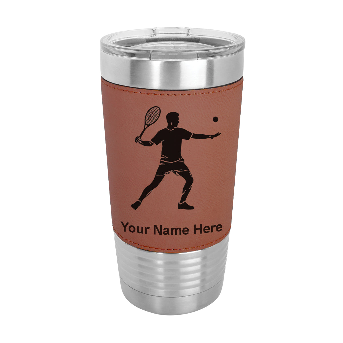 20oz Faux Leather Tumbler Mug, Tennis Player Man, Personalized Engraving Included