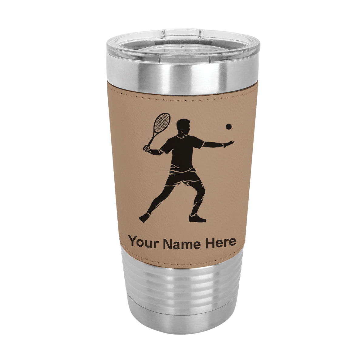 20oz Faux Leather Tumbler Mug, Tennis Player Man, Personalized Engraving Included