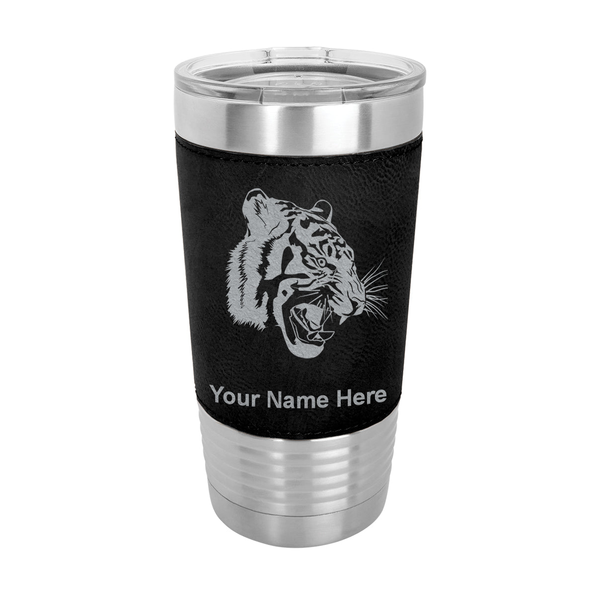 20oz Faux Leather Tumbler Mug, Tiger Head, Personalized Engraving Included