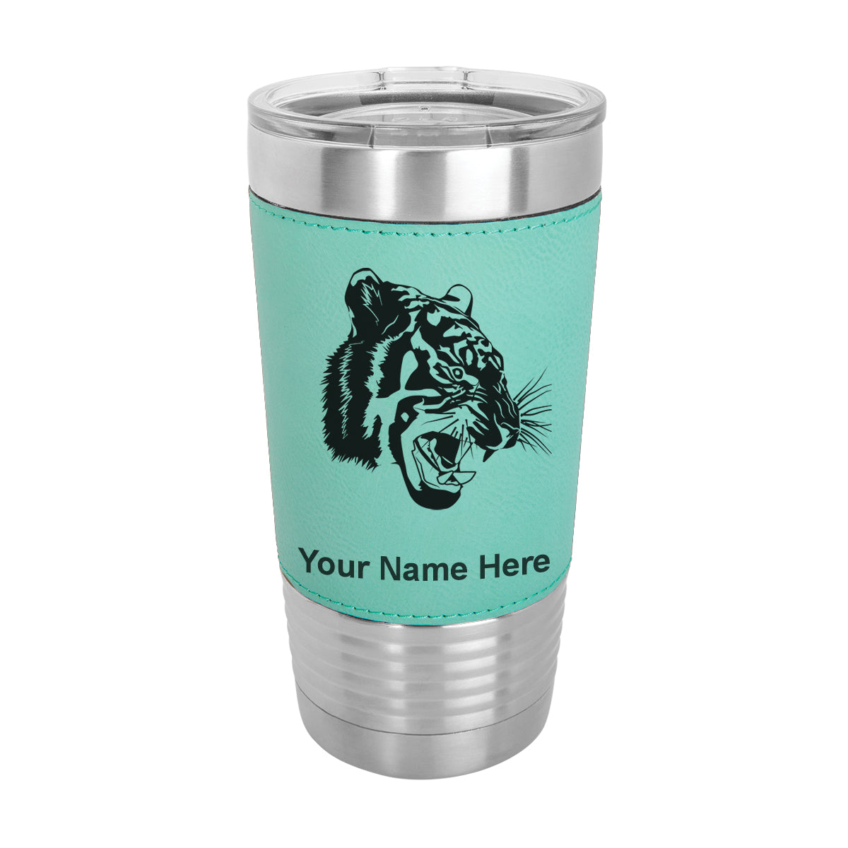 20oz Faux Leather Tumbler Mug, Tiger Head, Personalized Engraving Included