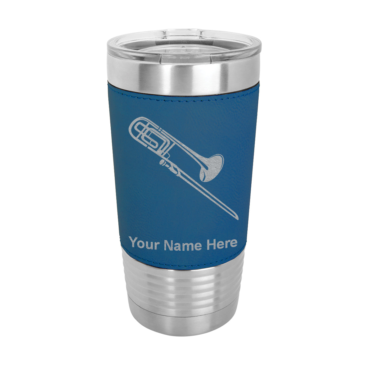 20oz Faux Leather Tumbler Mug, Trombone, Personalized Engraving Included