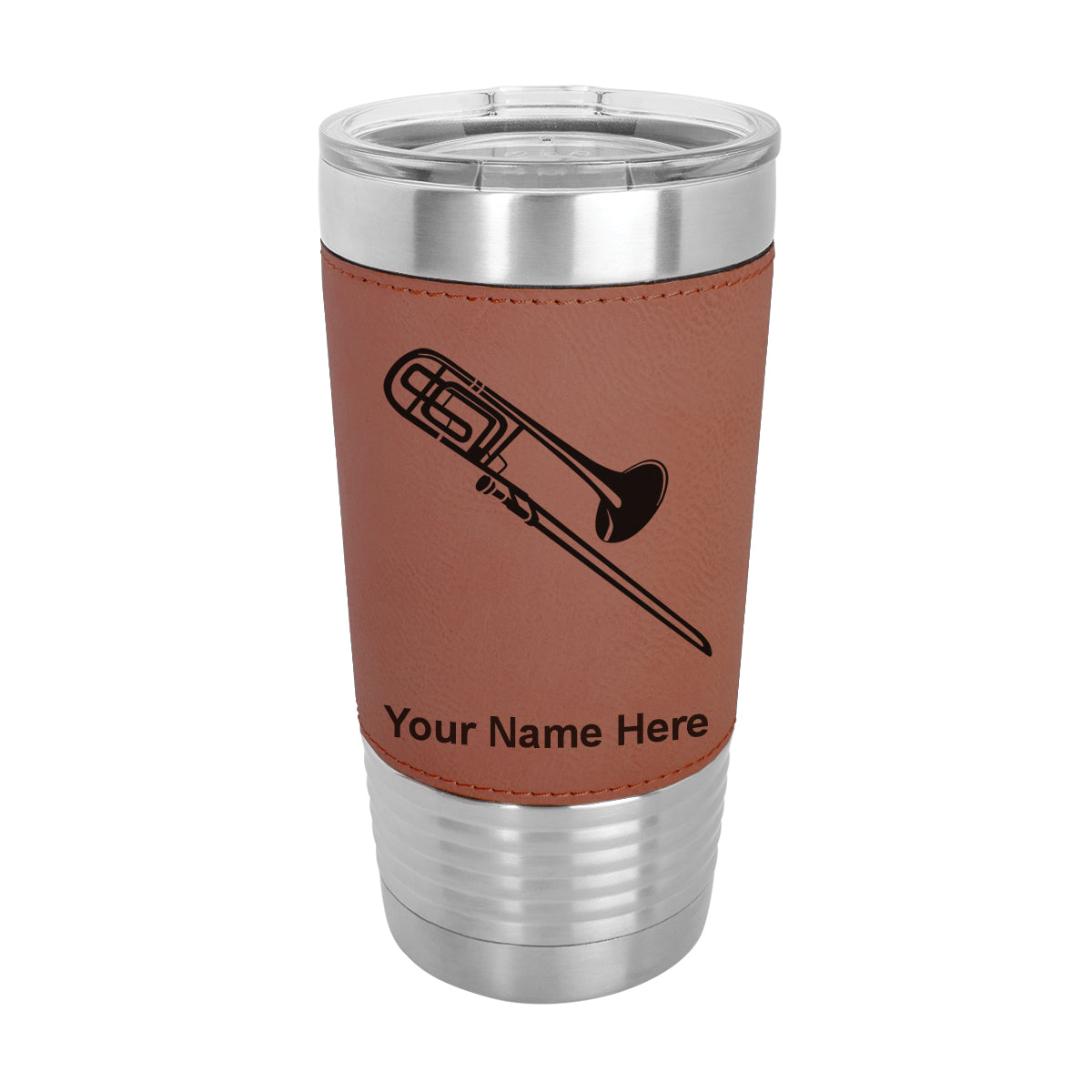 20oz Faux Leather Tumbler Mug, Trombone, Personalized Engraving Included