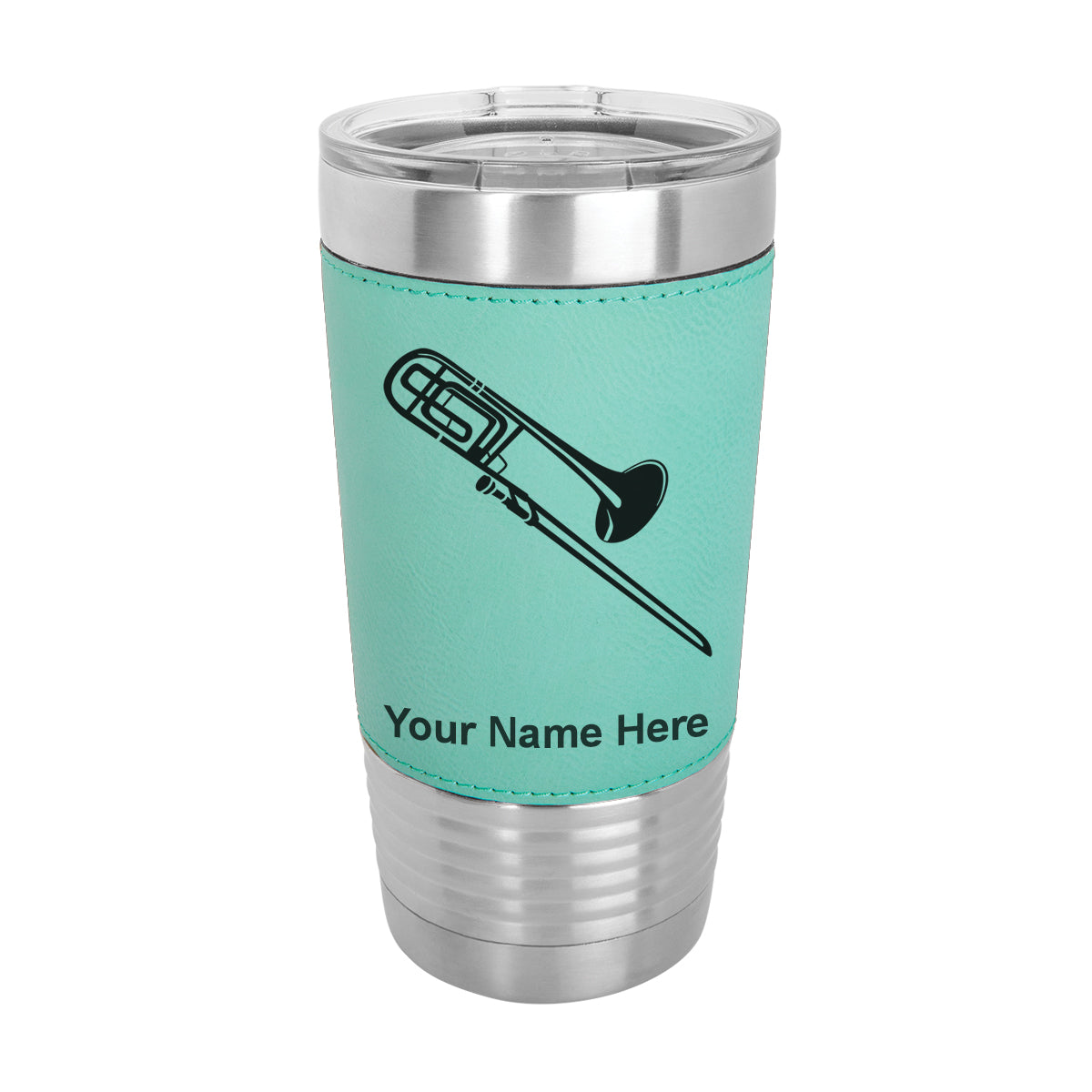 20oz Faux Leather Tumbler Mug, Trombone, Personalized Engraving Included