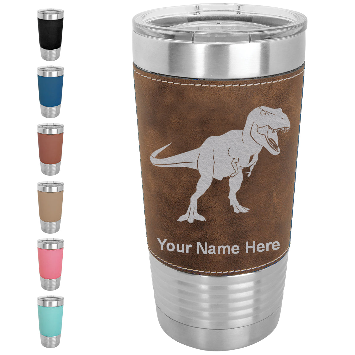 20oz Faux Leather Tumbler Mug, Tyrannosaurus Rex Dinosaur, Personalized Engraving Included