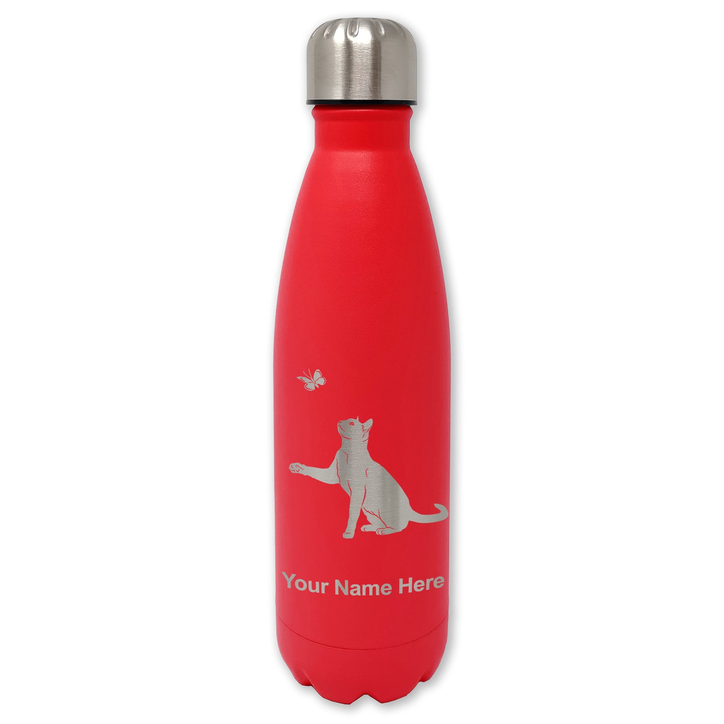 LaserGram Double Wall Water Bottle, Cat with Butterfly, Personalized Engraving Included