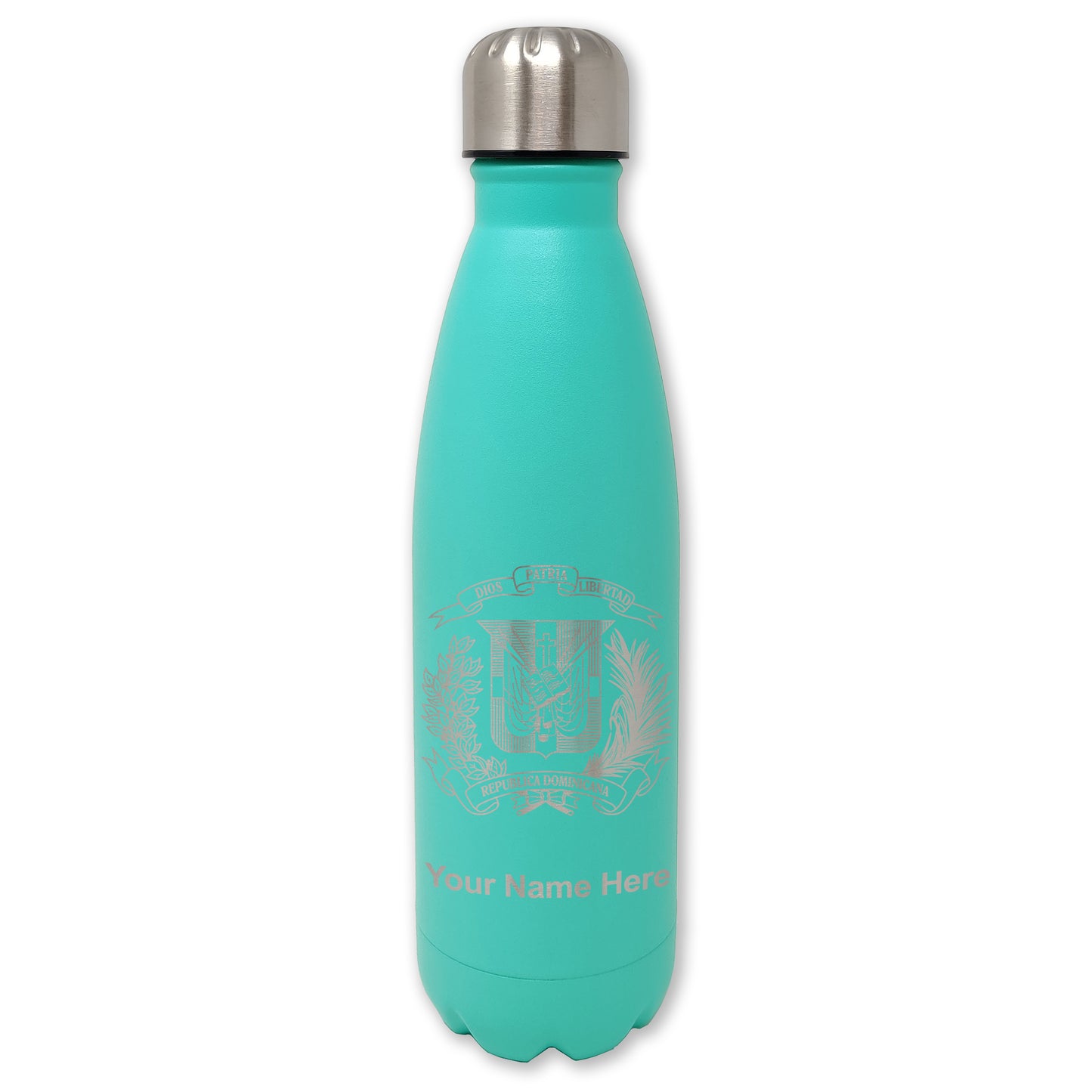 LaserGram Double Wall Water Bottle, Coat of Arms Dominican Republic, Personalized Engraving Included