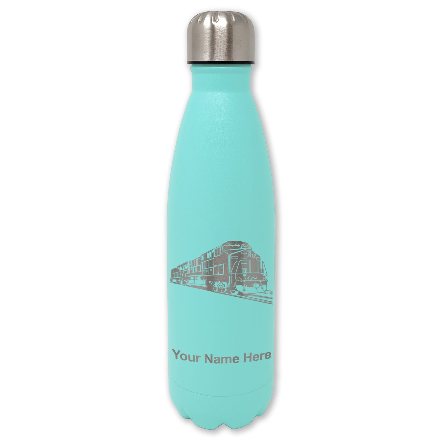 LaserGram Double Wall Water Bottle, Freight Train, Personalized Engraving Included