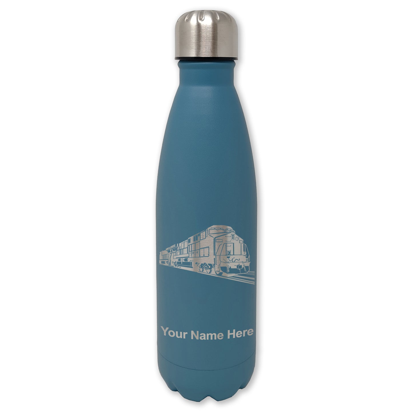 LaserGram Double Wall Water Bottle, Freight Train, Personalized Engraving Included