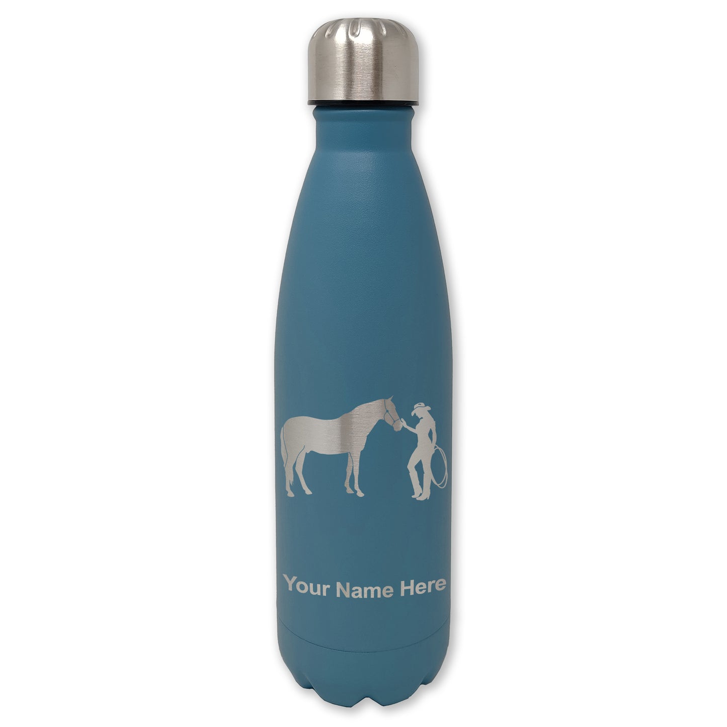 LaserGram Double Wall Water Bottle, Horse and Cowgirl, Personalized Engraving Included