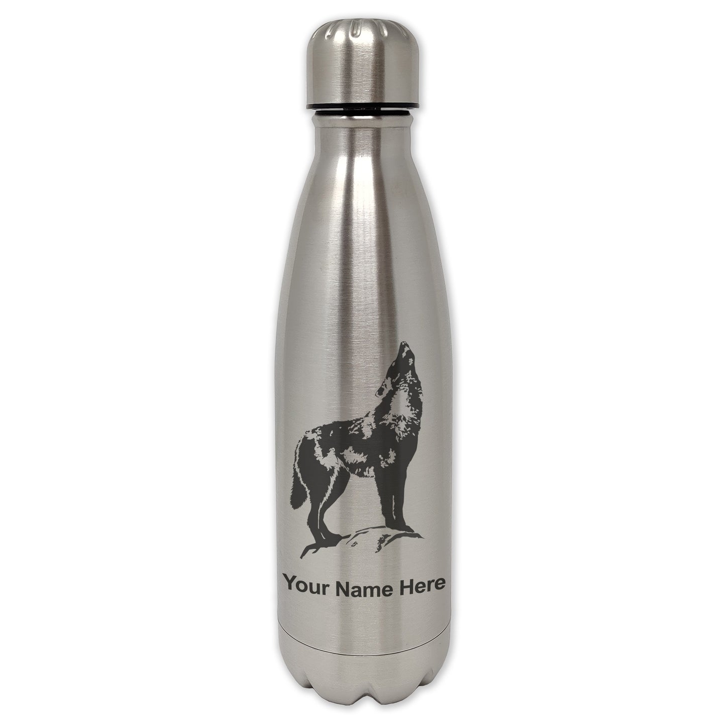 LaserGram Double Wall Water Bottle, Howling Wolf, Personalized Engraving Included