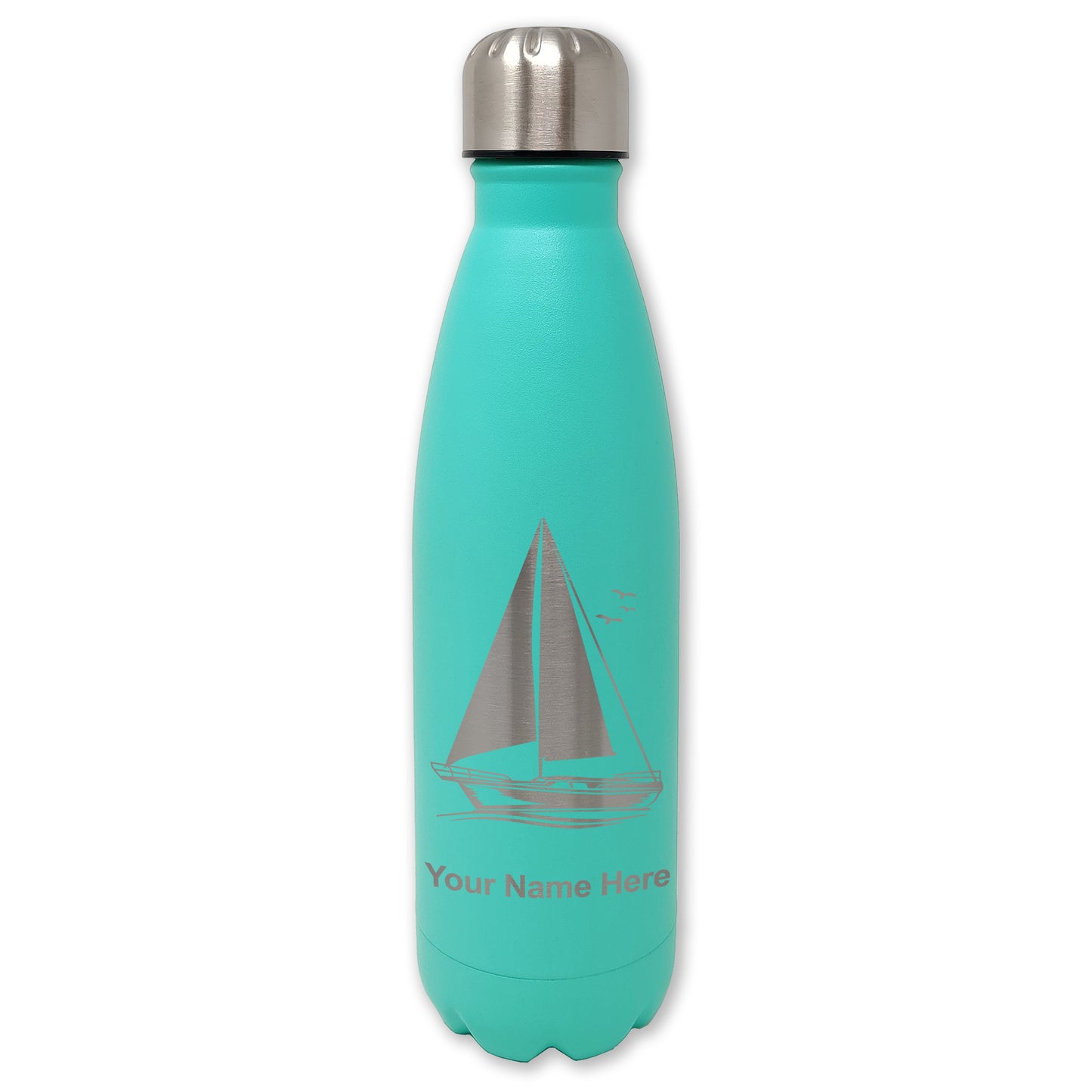 LaserGram Double Wall Water Bottle, Sailboat, Personalized Engraving Included
