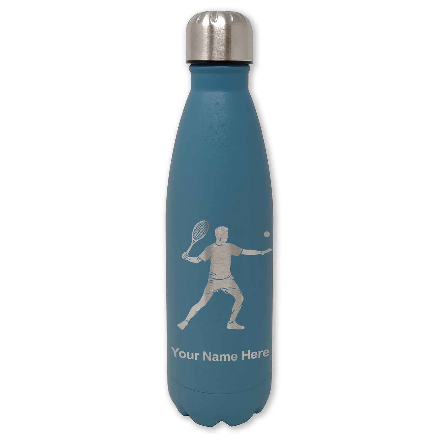 LaserGram Double Wall Water Bottle, Tennis Player Man, Personalized Engraving Included