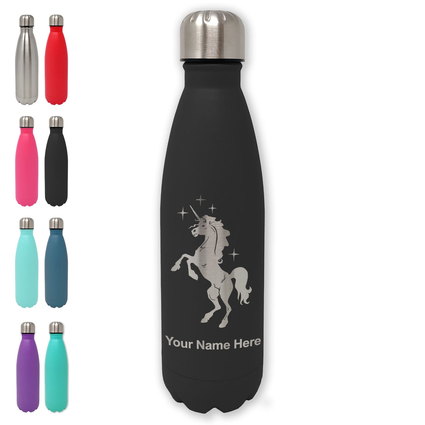 LaserGram Double Wall Water Bottle, Unicorn, Personalized Engraving Included