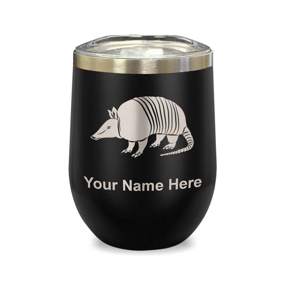 LaserGram Double Wall Stainless Steel Wine Glass, Armadillo, Personalized Engraving Included