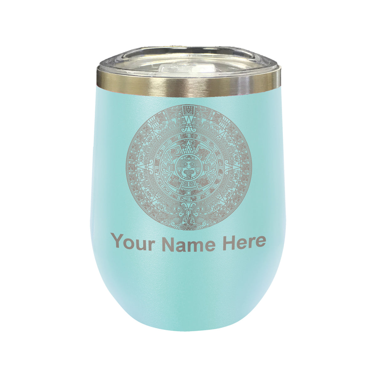 LaserGram Double Wall Stainless Steel Wine Glass, Aztec Calendar, Personalized Engraving Included