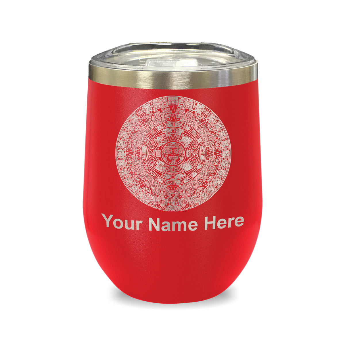 LaserGram Double Wall Stainless Steel Wine Glass, Aztec Calendar, Personalized Engraving Included