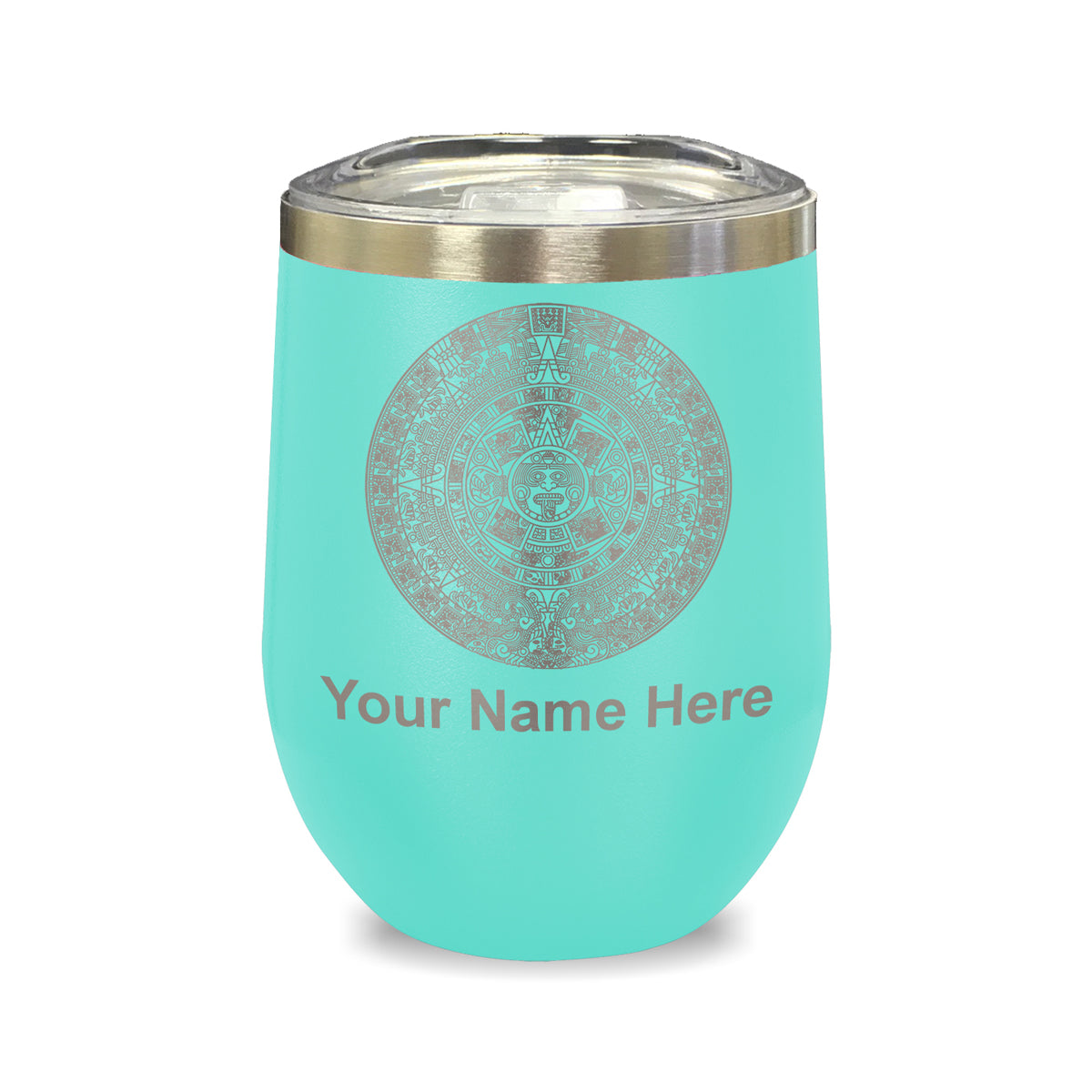 LaserGram Double Wall Stainless Steel Wine Glass, Aztec Calendar, Personalized Engraving Included