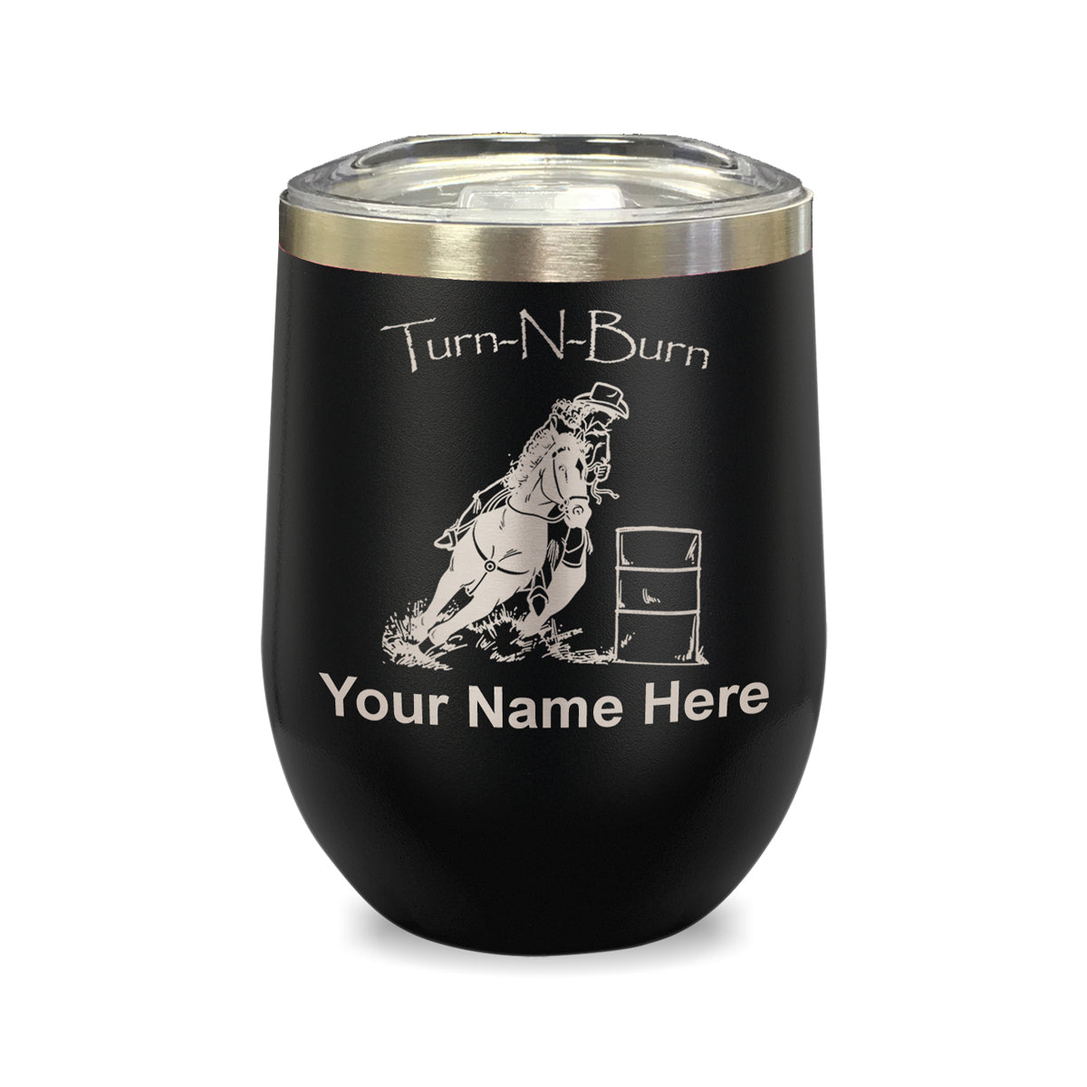 LaserGram Double Wall Stainless Steel Wine Glass, Barrel Racer Turn N Burn, Personalized Engraving Included