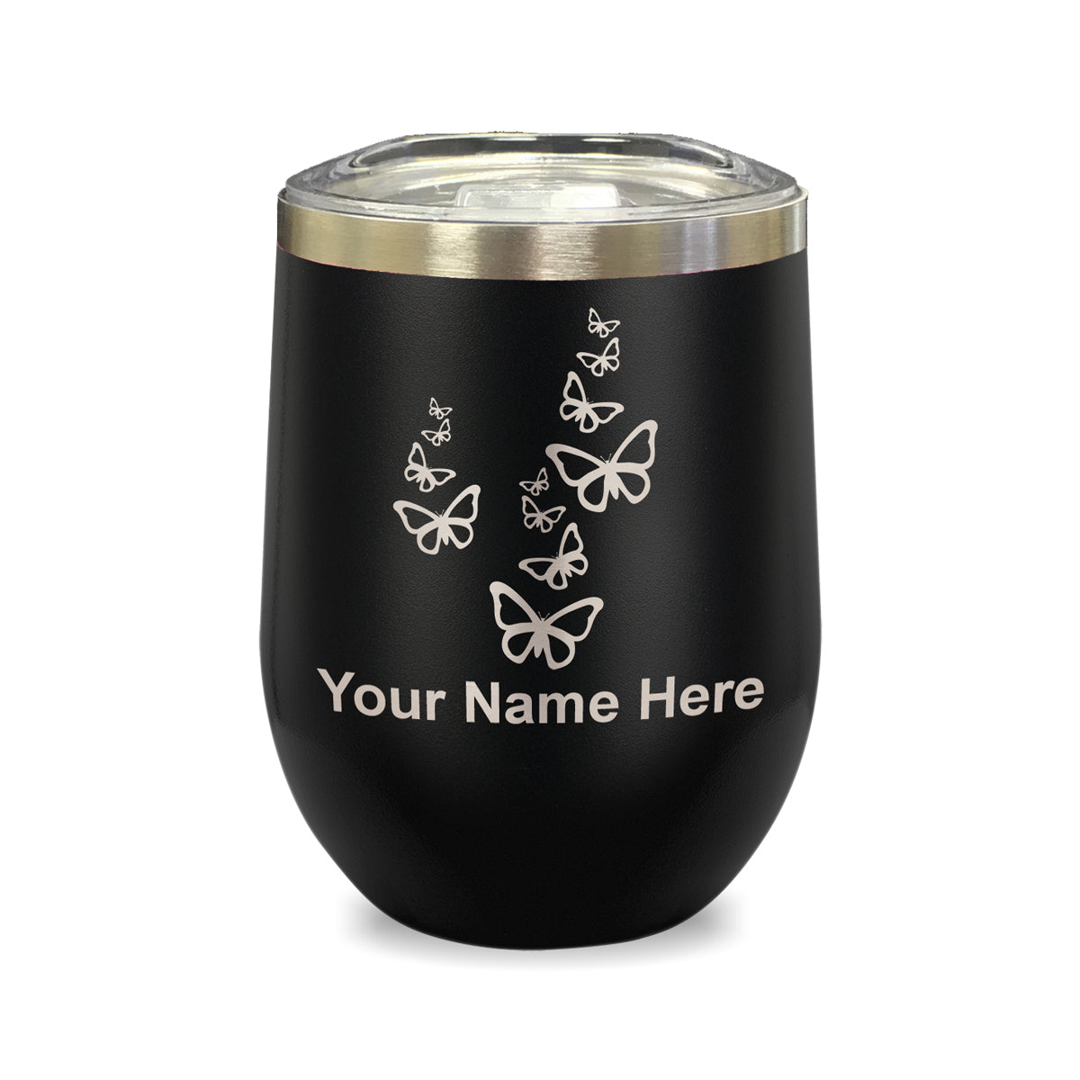 LaserGram Double Wall Stainless Steel Wine Glass, Butterflies, Personalized Engraving Included