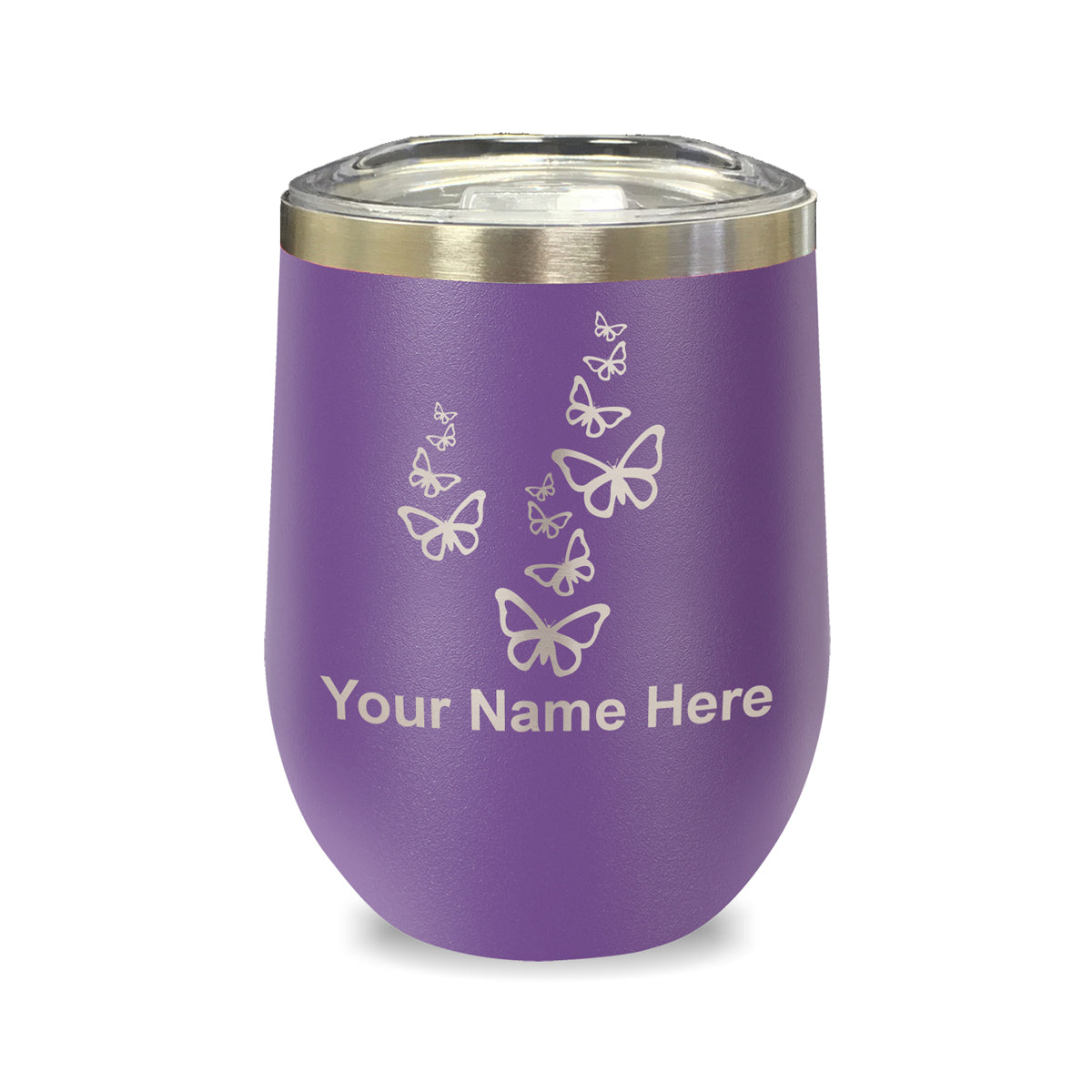 LaserGram Double Wall Stainless Steel Wine Glass, Butterflies, Personalized Engraving Included