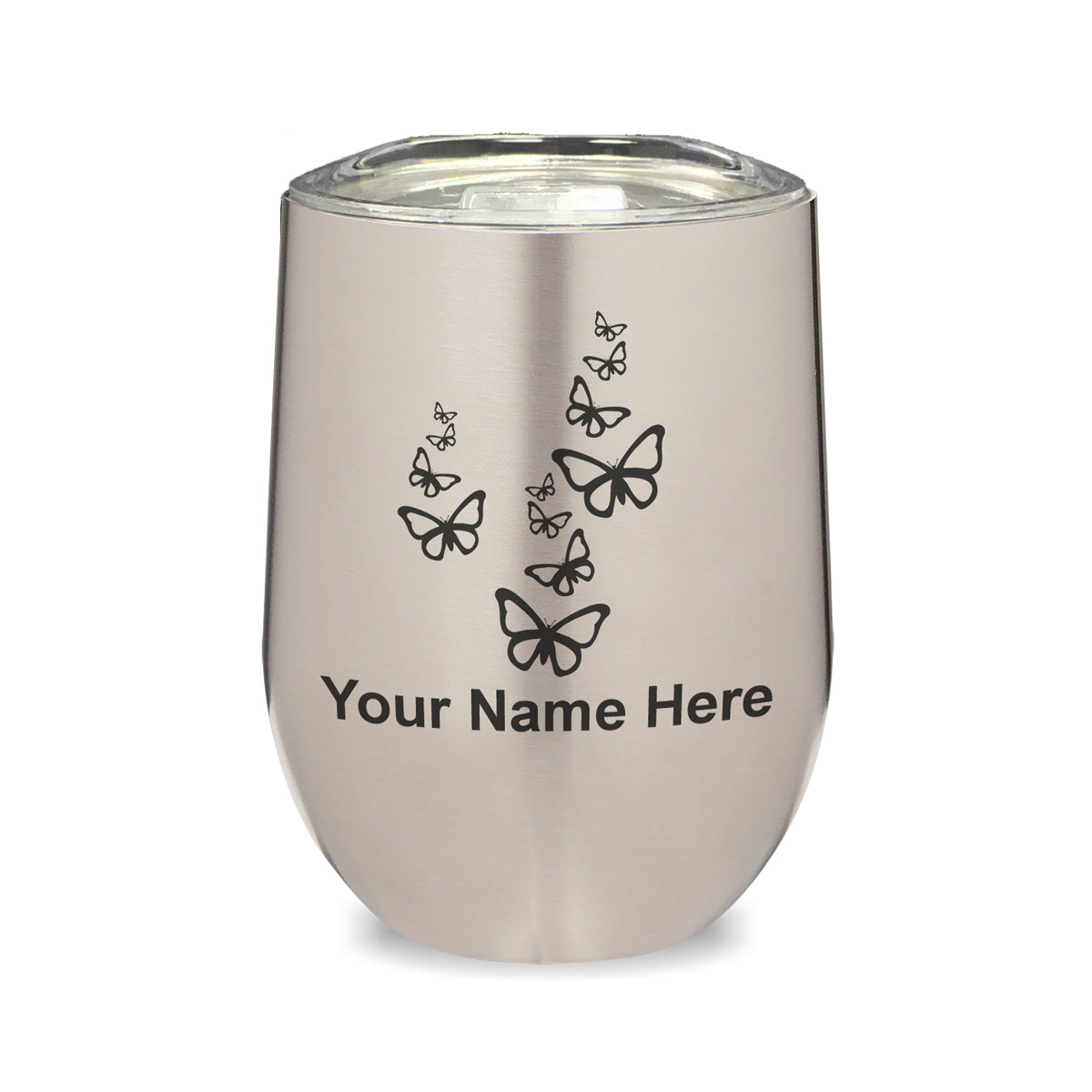 LaserGram Double Wall Stainless Steel Wine Glass, Butterflies, Personalized Engraving Included