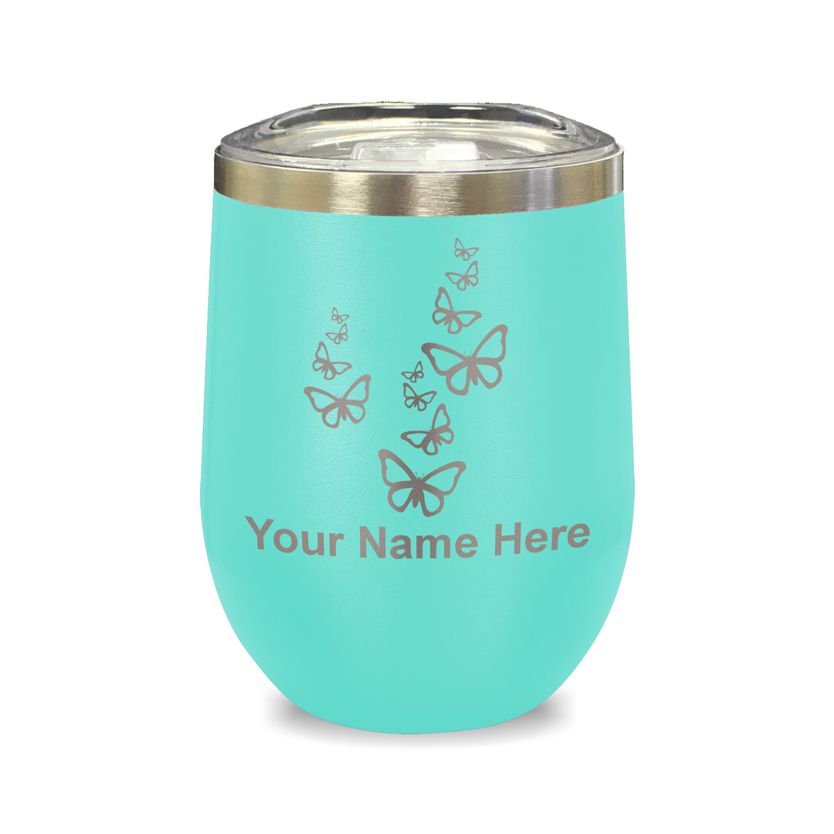 LaserGram Double Wall Stainless Steel Wine Glass, Butterflies, Personalized Engraving Included