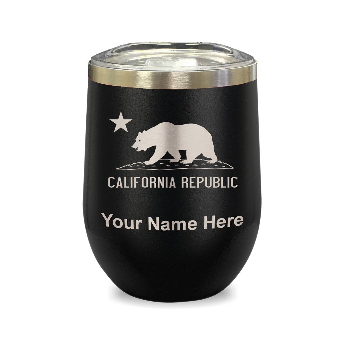 LaserGram Double Wall Stainless Steel Wine Glass, California Republic Bear Flag, Personalized Engraving Included
