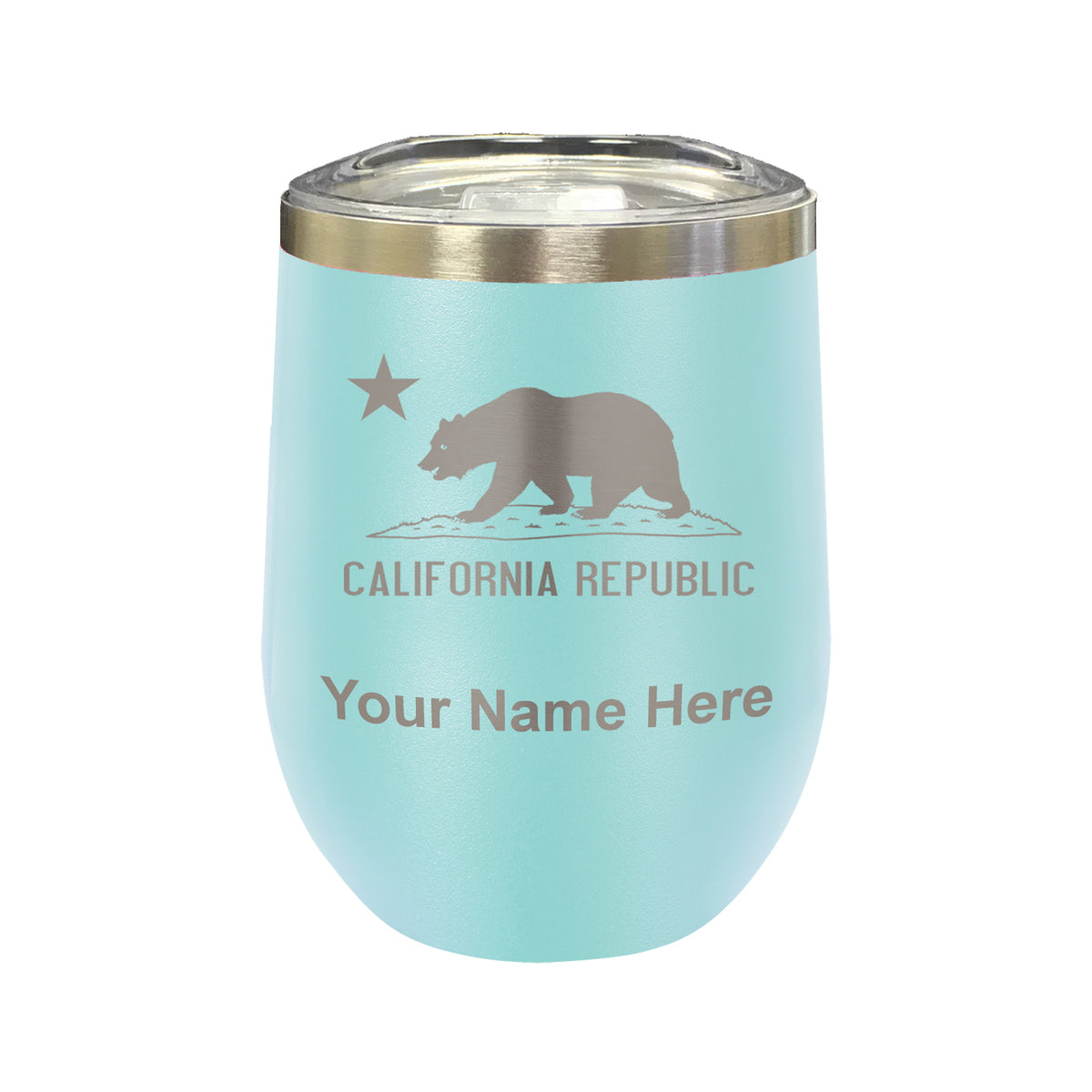 LaserGram Double Wall Stainless Steel Wine Glass, California Republic Bear Flag, Personalized Engraving Included