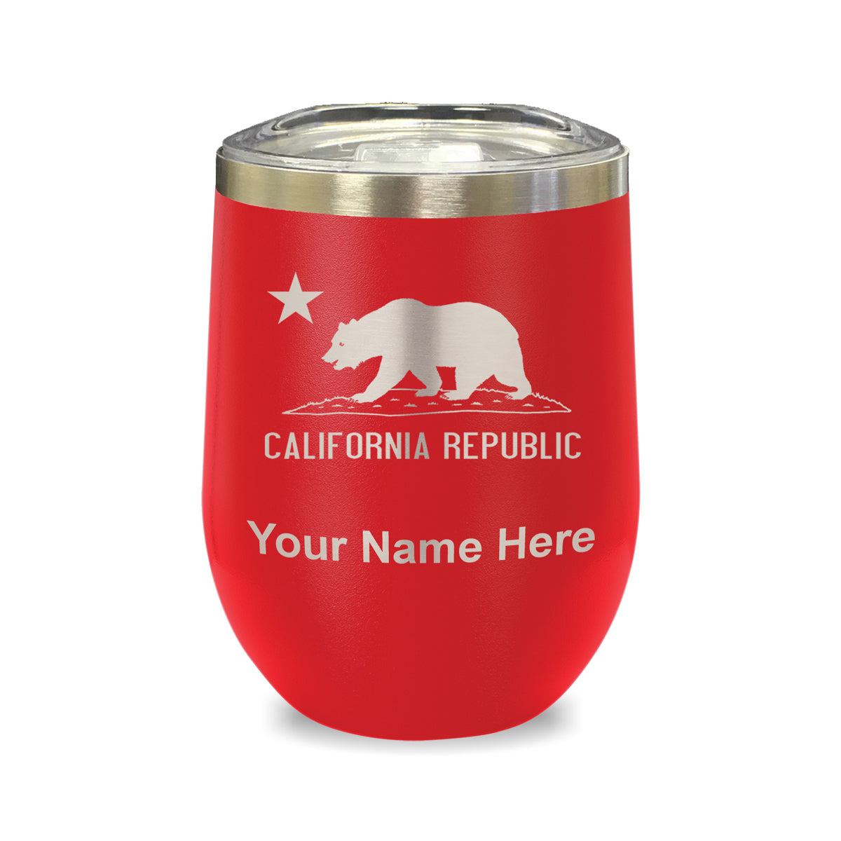 LaserGram Double Wall Stainless Steel Wine Glass, California Republic Bear Flag, Personalized Engraving Included