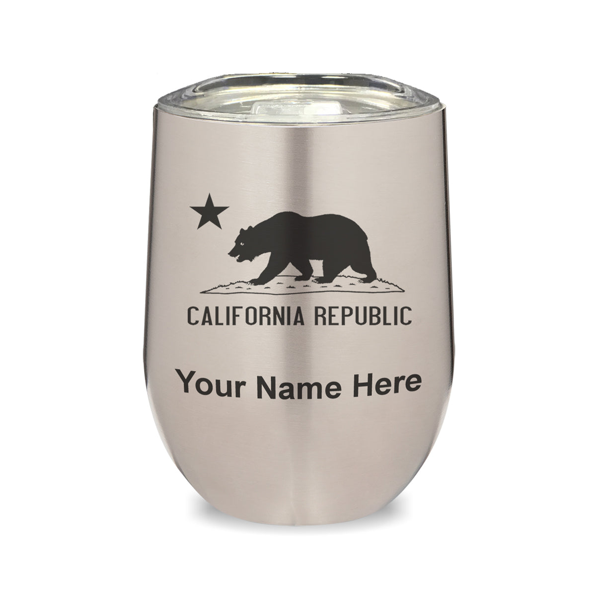 LaserGram Double Wall Stainless Steel Wine Glass, California Republic Bear Flag, Personalized Engraving Included